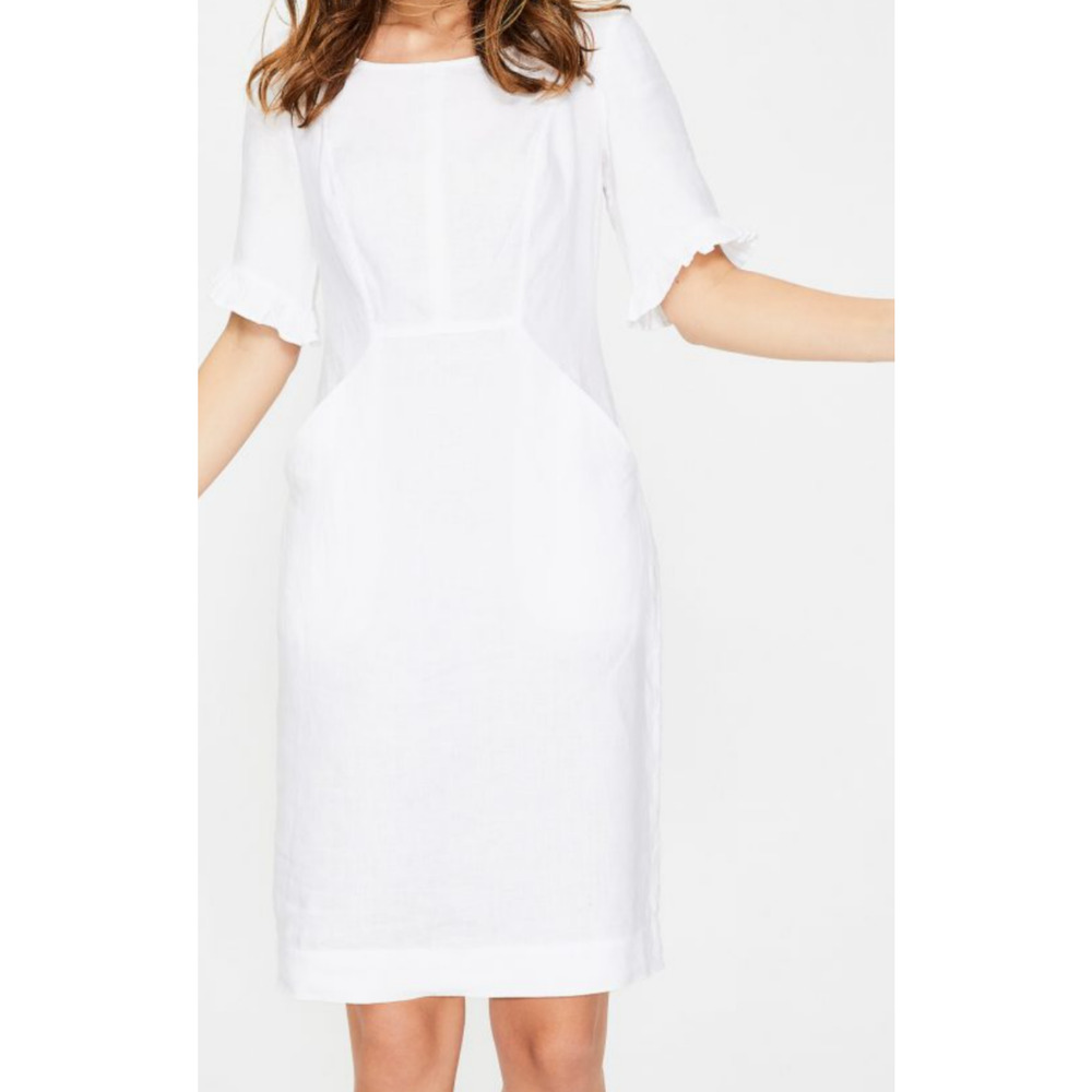 Boden Dress Womens US 2R White Linen Midi Ruffle Sleeve Pockets Summer Chic